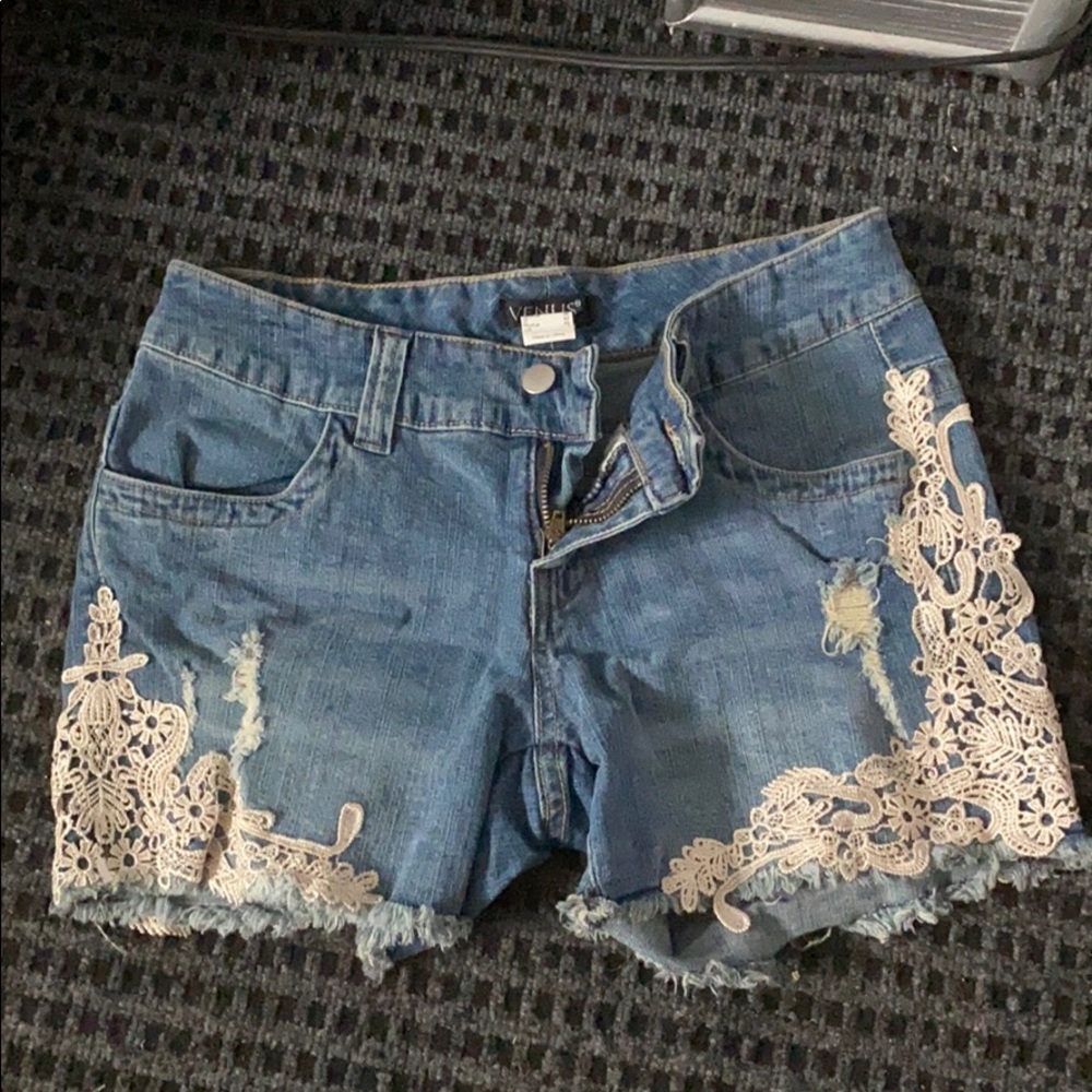 Venus distressed vintage lace jean shorts.So cute.